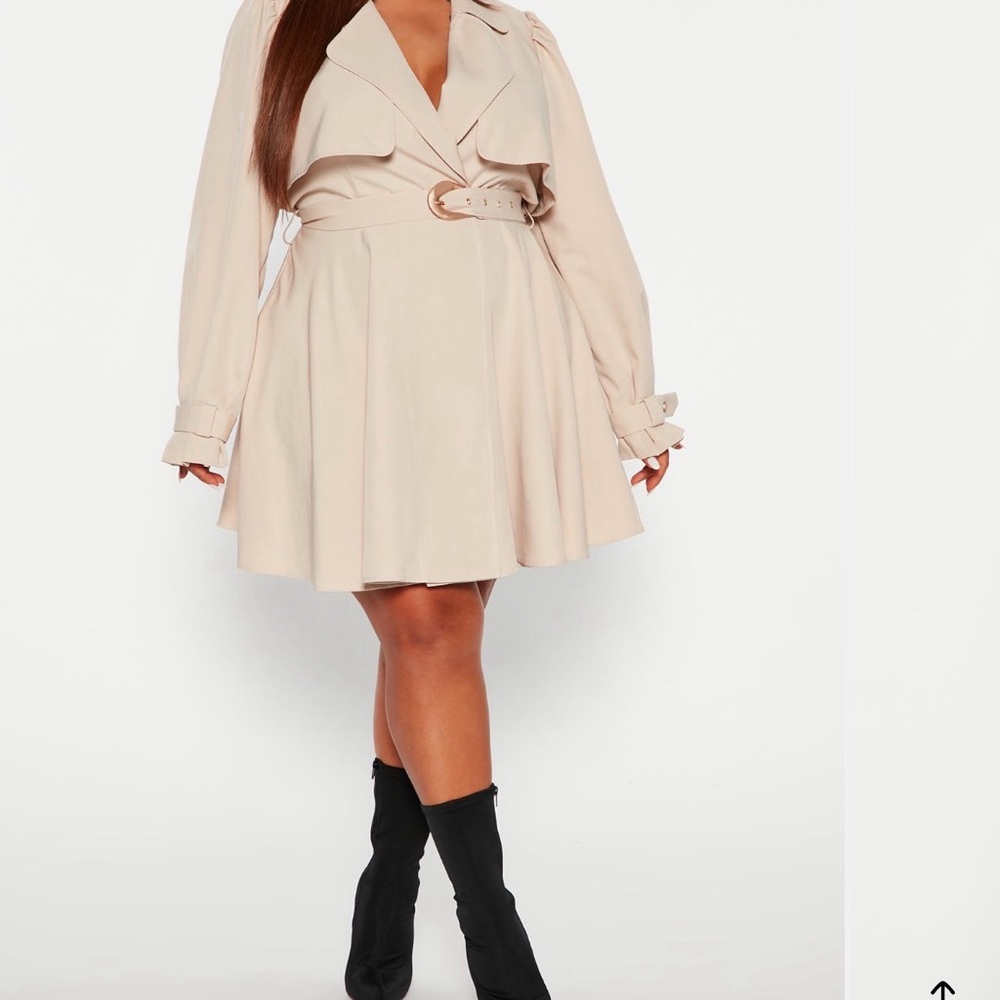 Fashion Nova Cream Long Sleeve Belted Dress